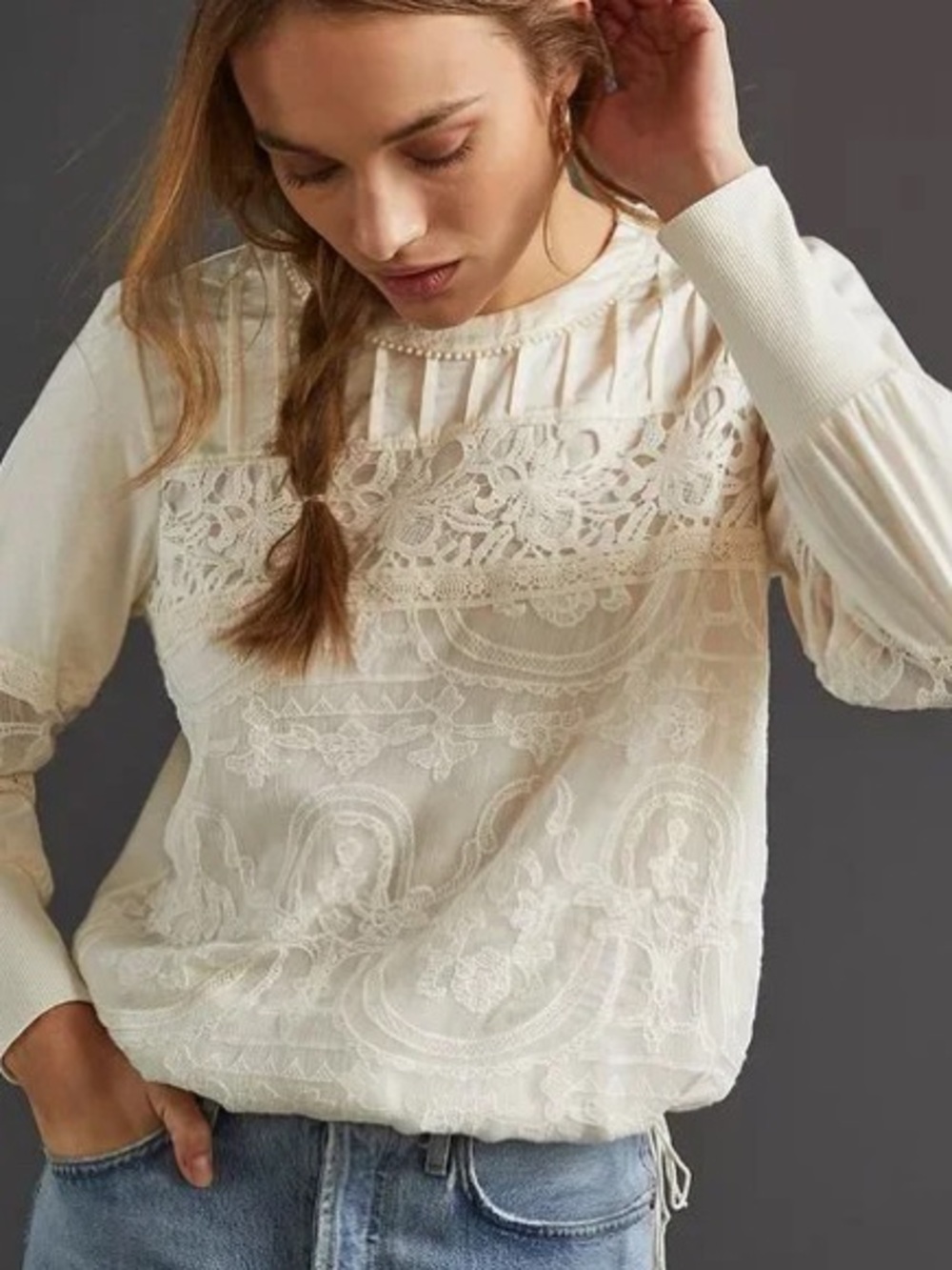 Anthropologie • Tiny mixed lace cream blouse